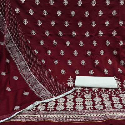Maroon Floral Embroidered Pure Cotton Dress Material