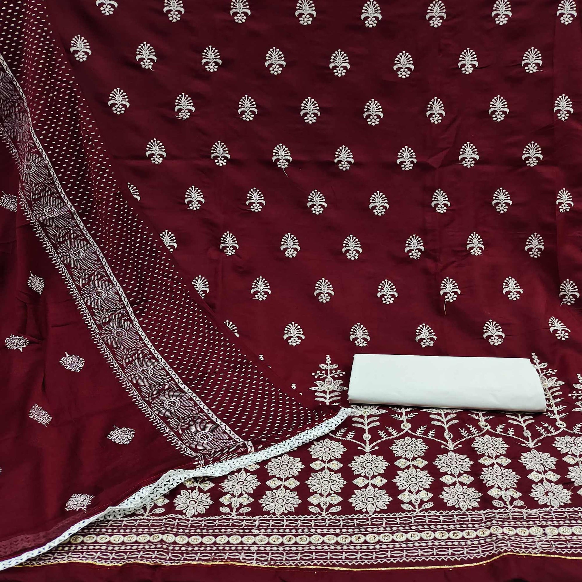Maroon Floral Embroidered Pure Cotton Dress Material