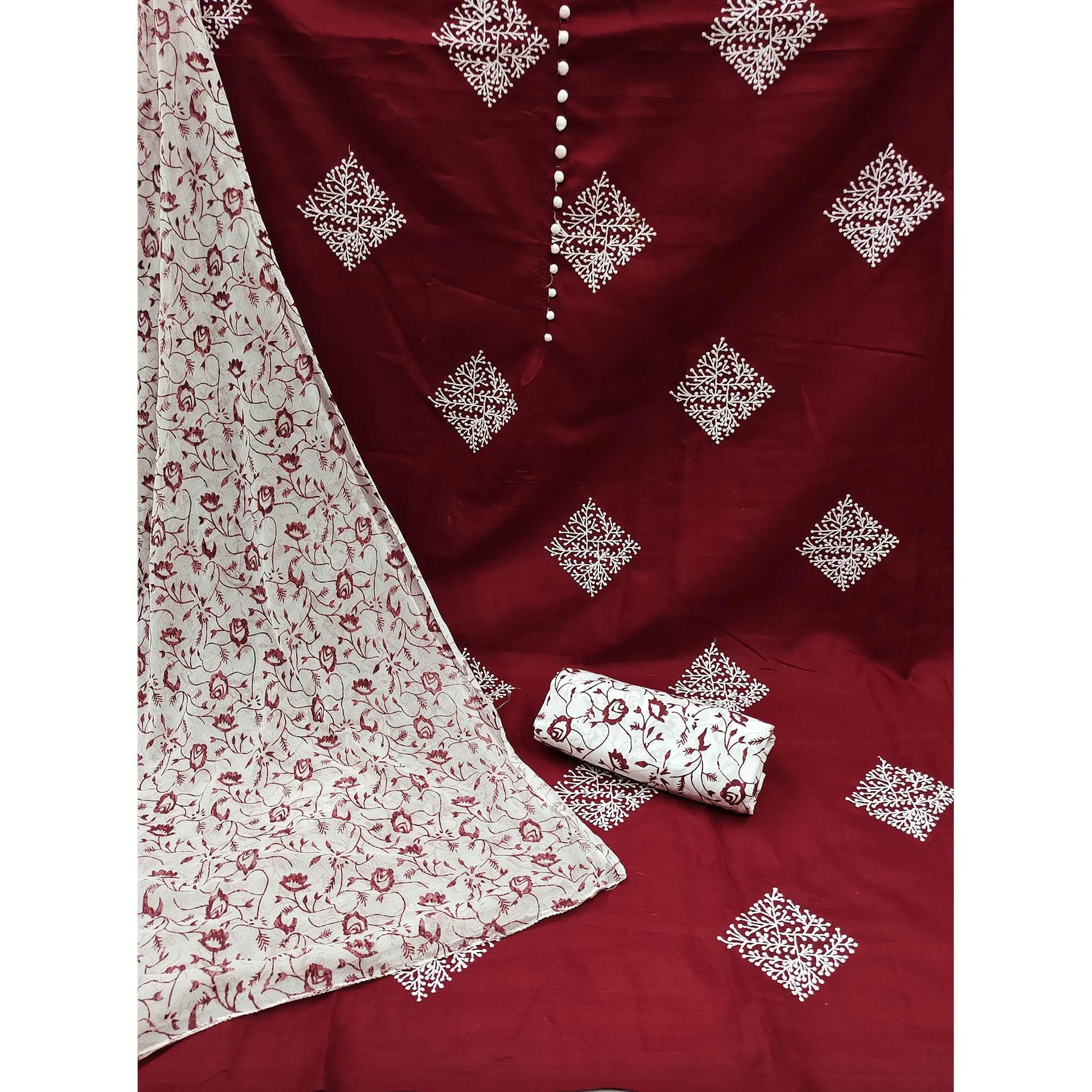 Maroon Floral Embroidered Pure Cotton Dress Material
