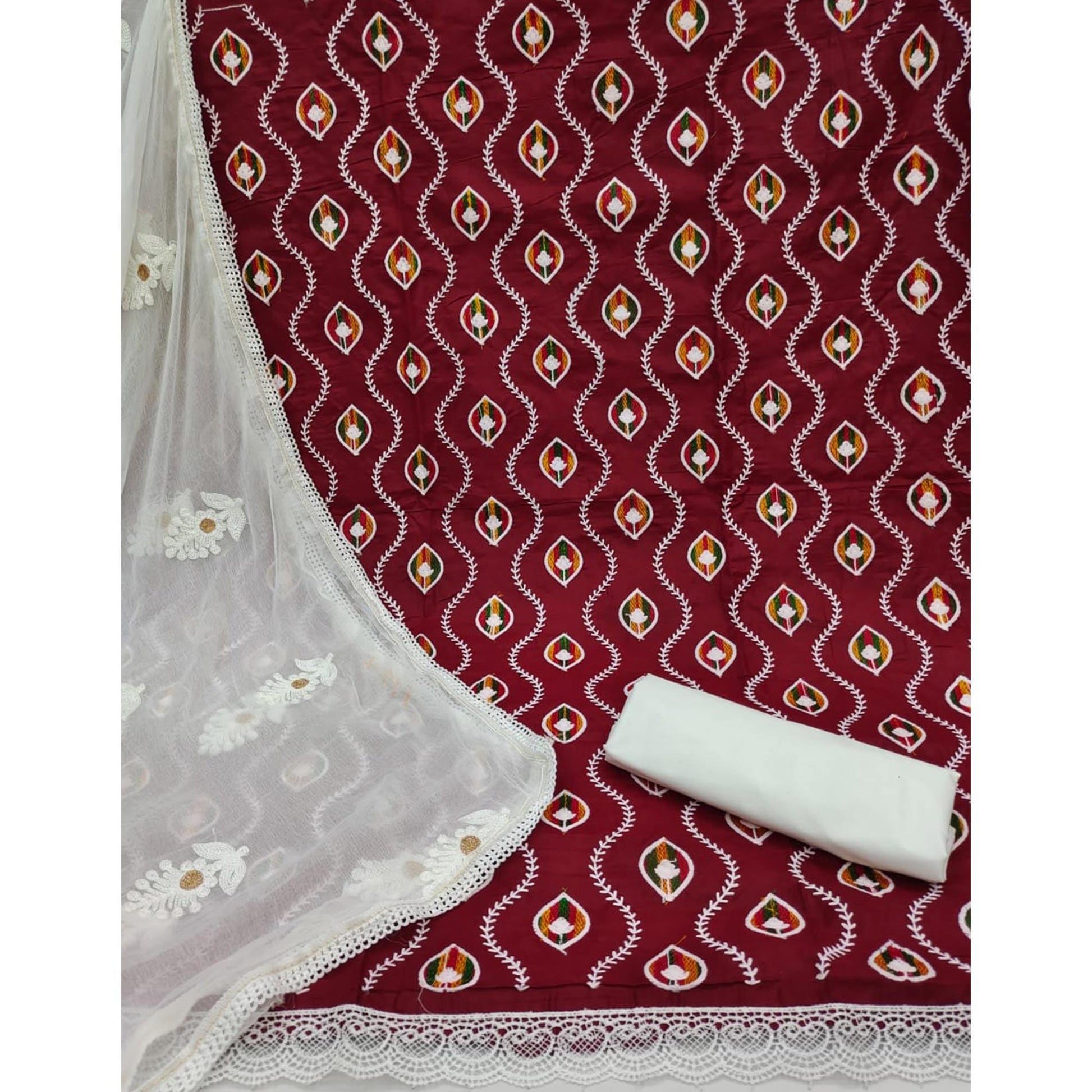 Maroon Floral Embroidered Pure Cotton Dress Material