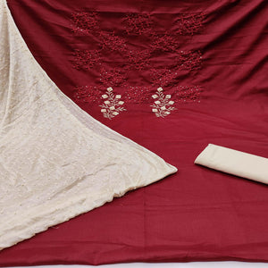 Maroon Floral Embroidered Pure Cotton Dress Material