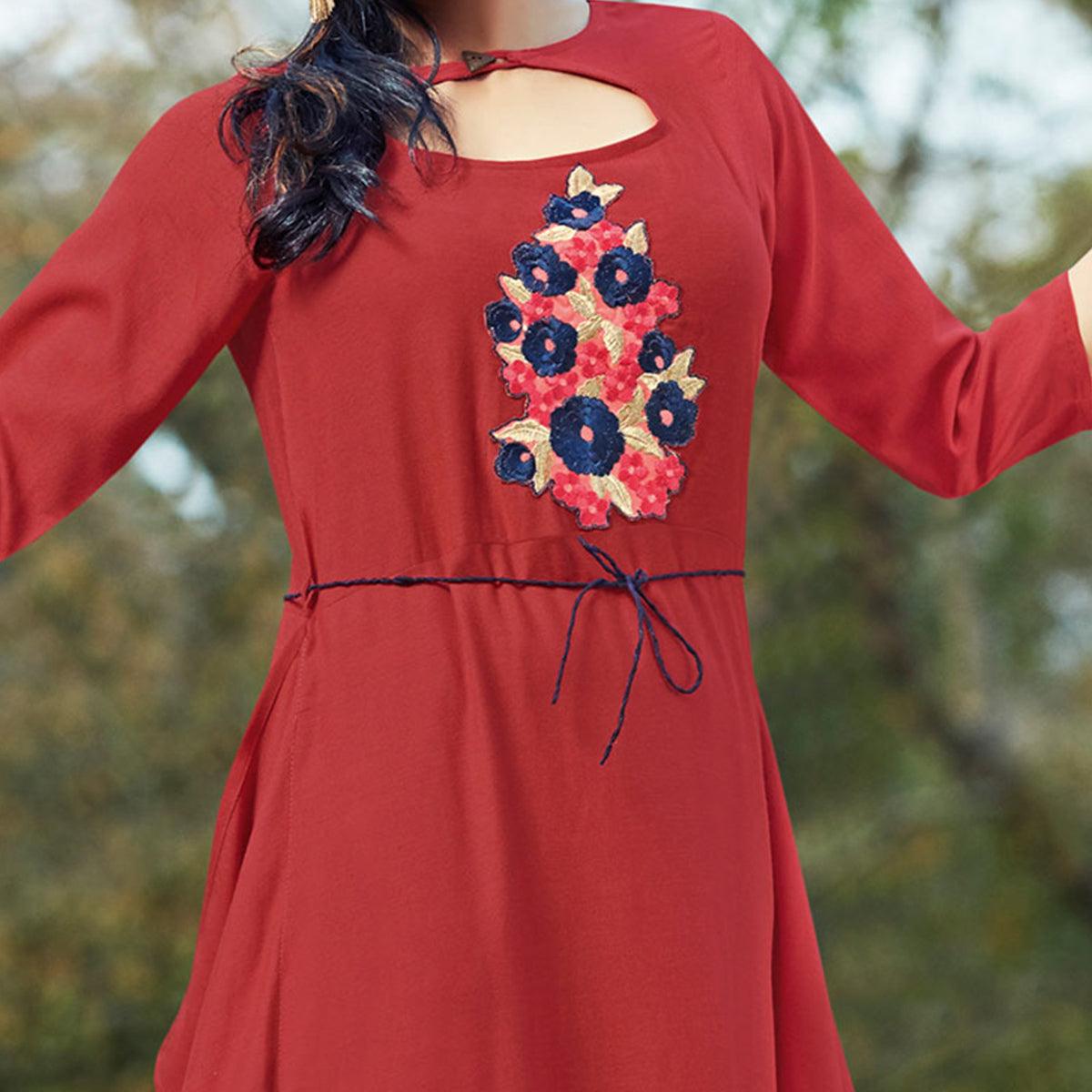 Maroon Floral Embroidered Pure Cotton Kurti