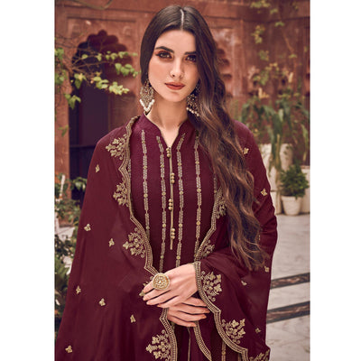 Maroon Floral Embroidered Pure Dola Jacquard Partywear Suit