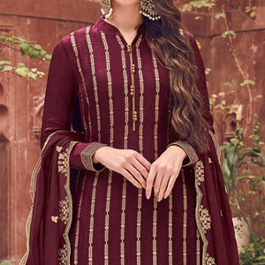 Maroon Floral Embroidered Pure Dola Jacquard Partywear Suit