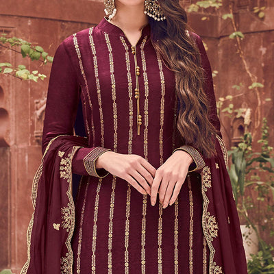 Maroon Floral Embroidered Pure Dola Jacquard Partywear Suit