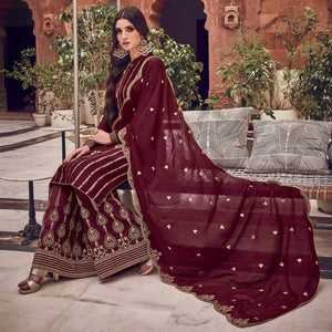 Maroon Floral Embroidered Pure Dola Jacquard Partywear Suit