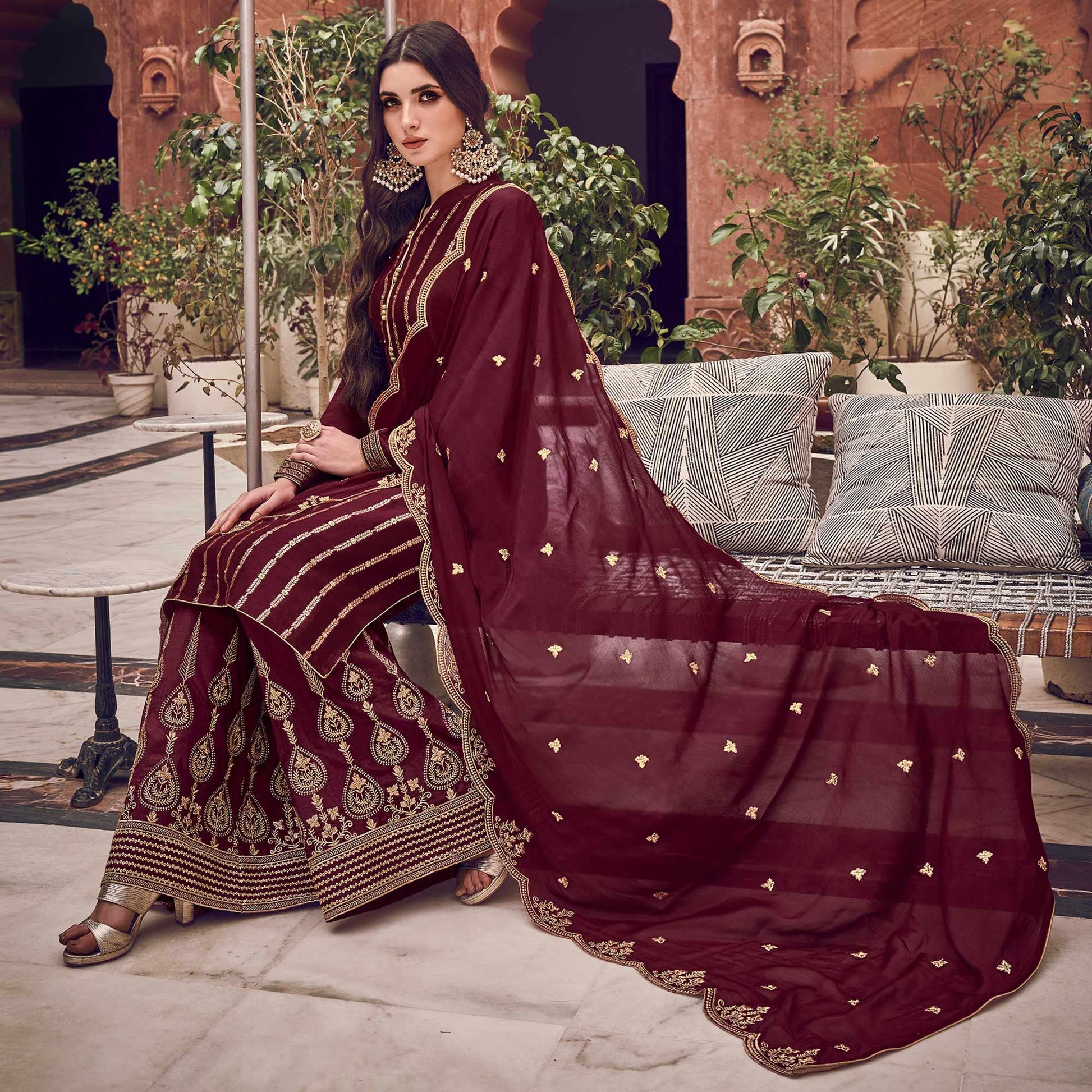 Maroon Floral Embroidered Pure Dola Jacquard Partywear Suit