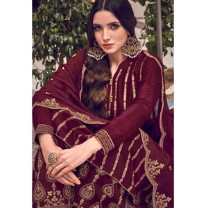 Maroon Floral Embroidered Pure Dola Jacquard Partywear Suit