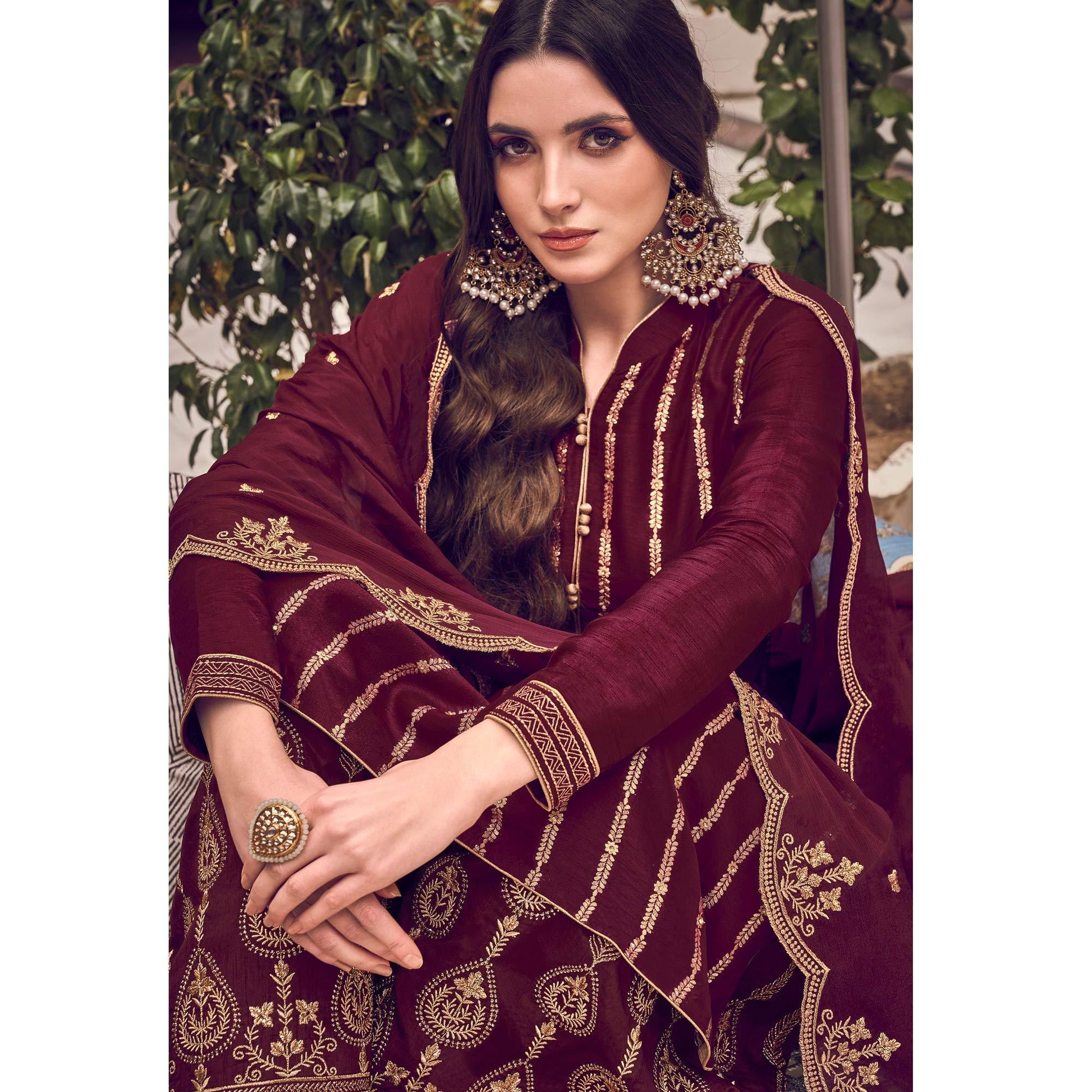 Maroon Floral Embroidered Pure Dola Jacquard Partywear Suit