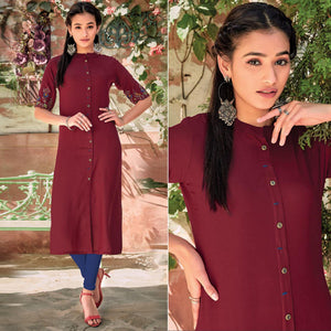 Maroon Floral Embroidered Rayon Kurti