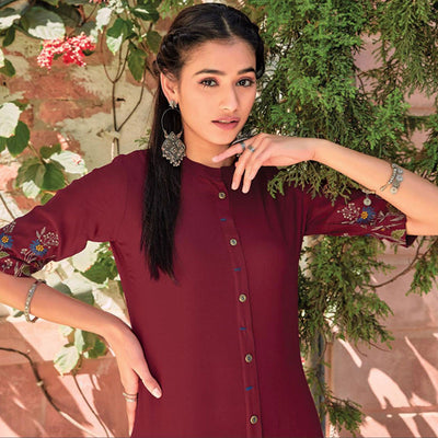 Maroon Floral Embroidered Rayon Kurti