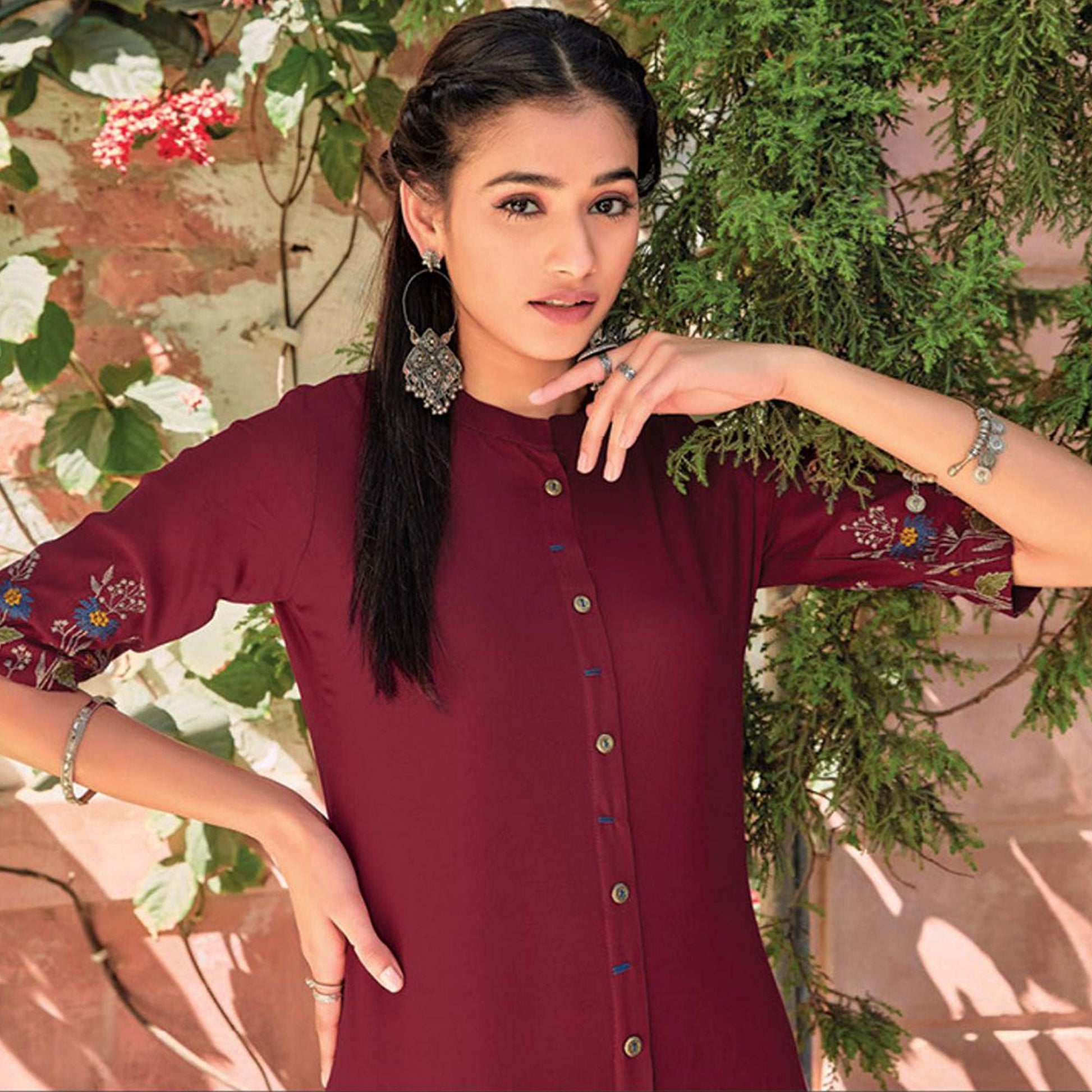 Maroon Floral Embroidered Rayon Kurti