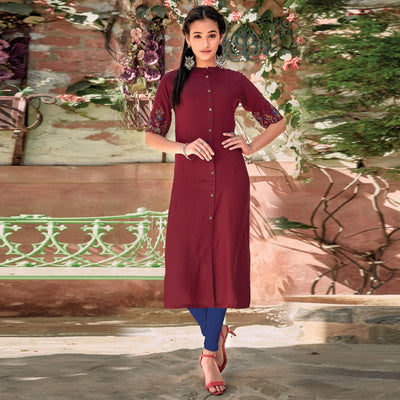Maroon Floral Embroidered Rayon Kurti