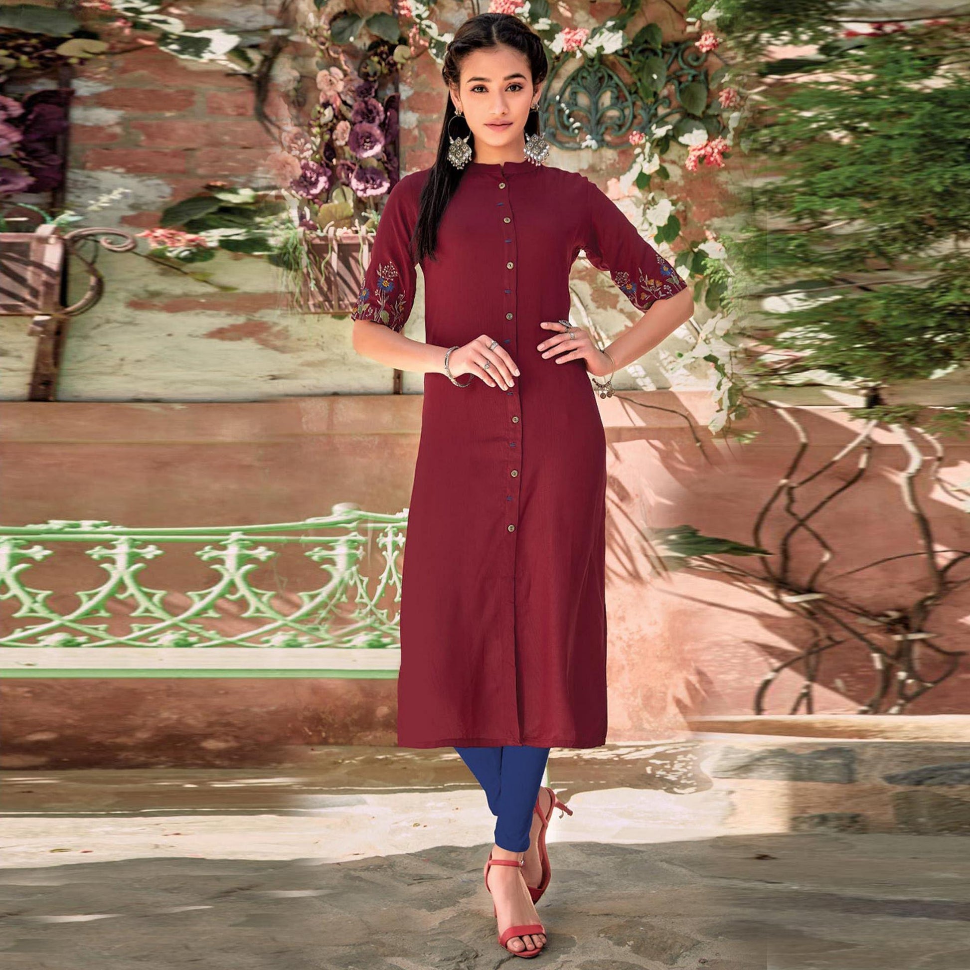 Maroon Floral Embroidered Rayon Kurti