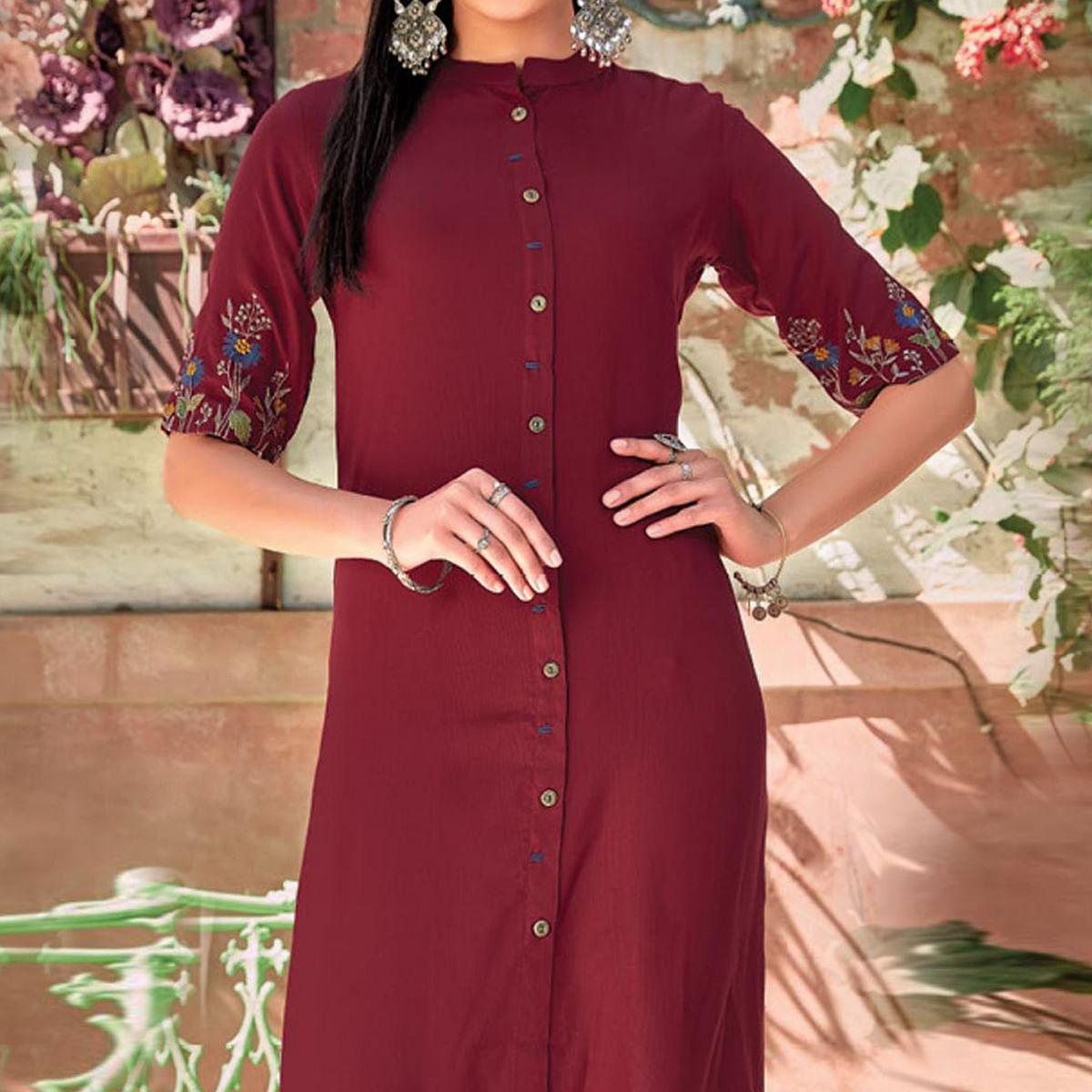 Maroon Floral Embroidered Rayon Kurti