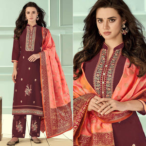 Maroon Floral Embroidered Rayon Partywear Suit