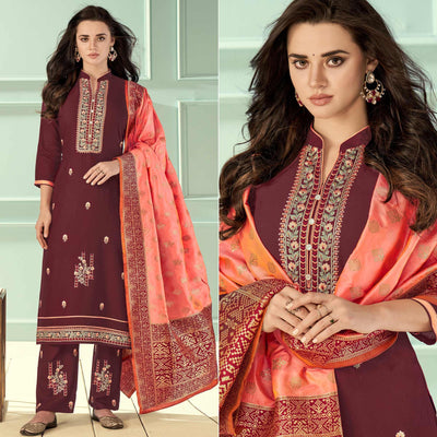 Maroon Floral Embroidered Rayon Partywear Suit
