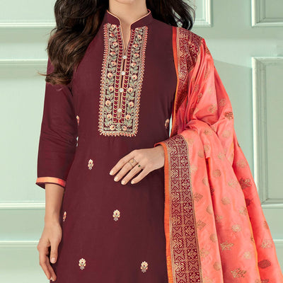 Maroon Floral Embroidered Rayon Partywear Suit