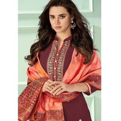 Maroon Floral Embroidered Rayon Partywear Suit