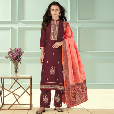 Maroon Floral Embroidered Rayon Partywear Suit