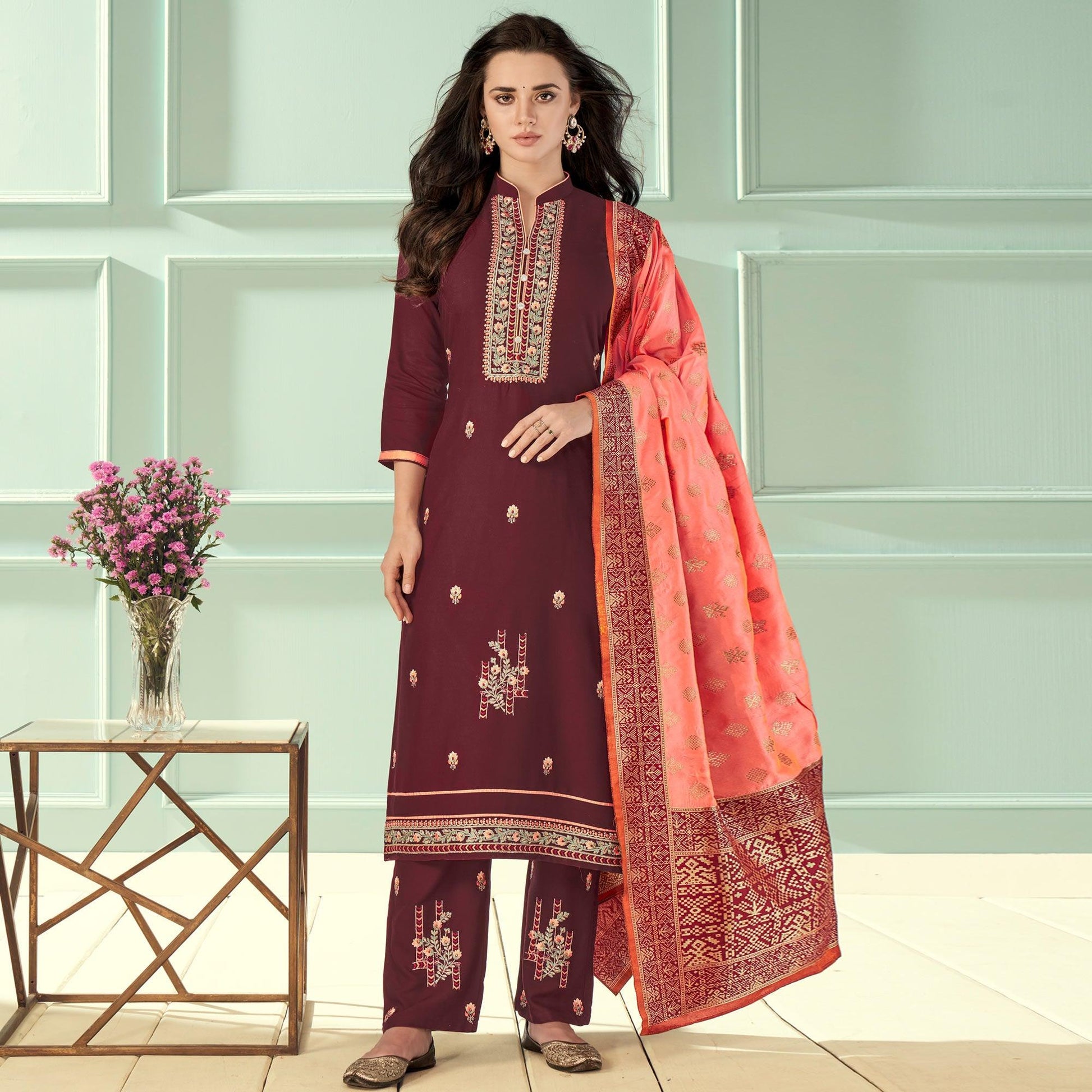 Maroon Floral Embroidered Rayon Partywear Suit