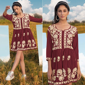 Maroon Floral Embroidered Rayon Top