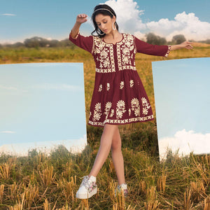 Maroon Floral Embroidered Rayon Top