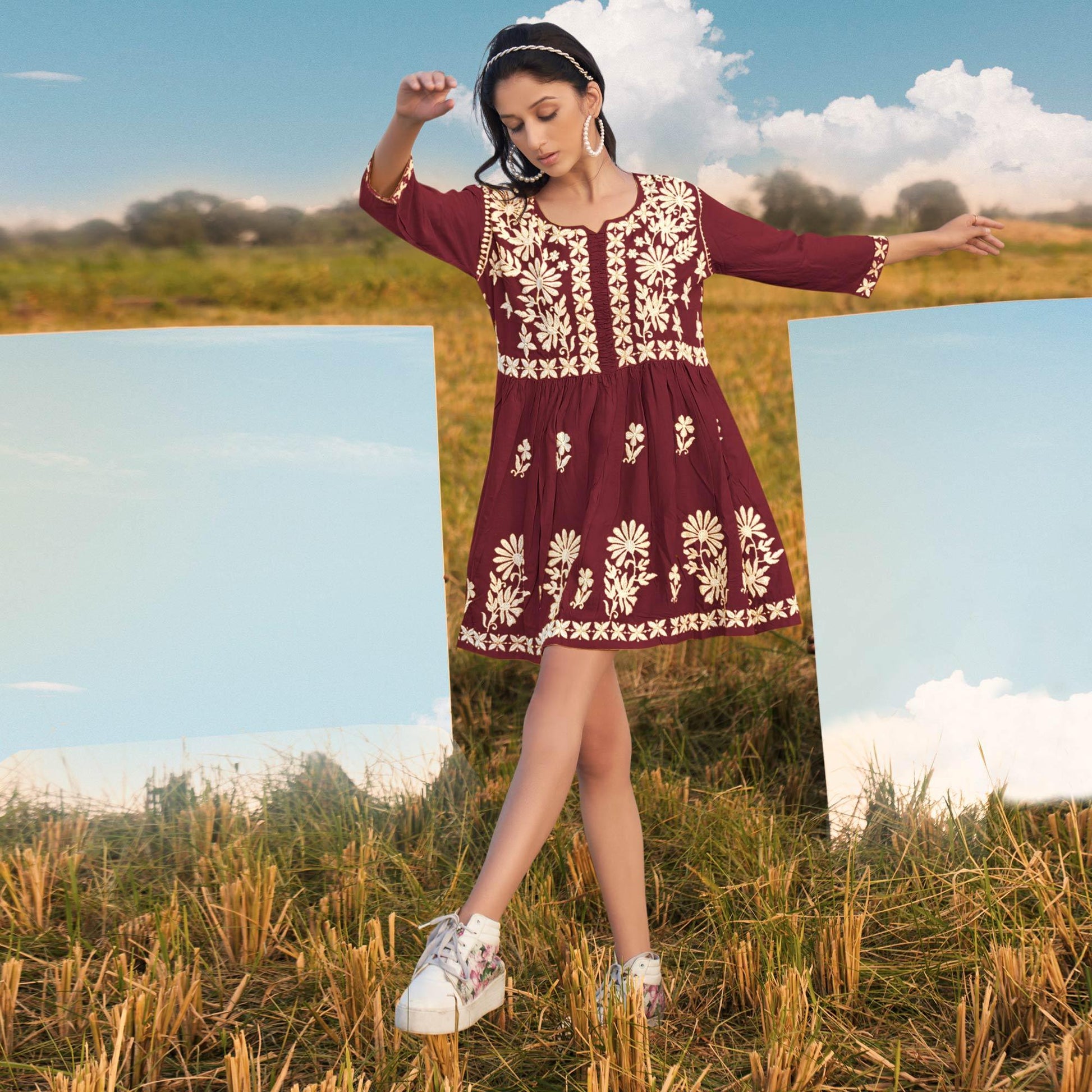 Maroon Floral Embroidered Rayon Top