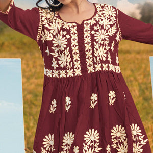 Maroon Floral Embroidered Rayon Top