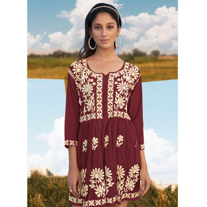 Maroon Floral Embroidered Rayon Top