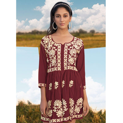 Maroon Floral Embroidered Rayon Top