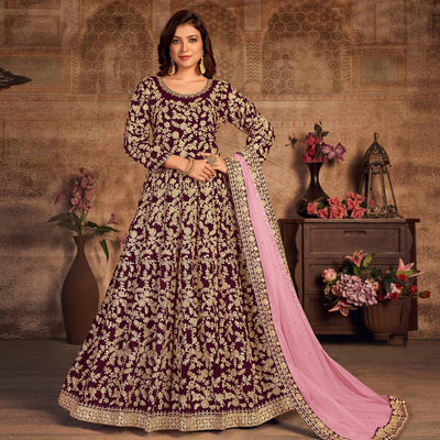 Maroon Floral Embroidered Velvet Partywear Gown
