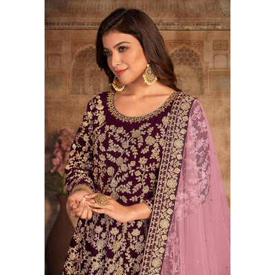 Maroon Floral Embroidered Velvet Partywear Gown