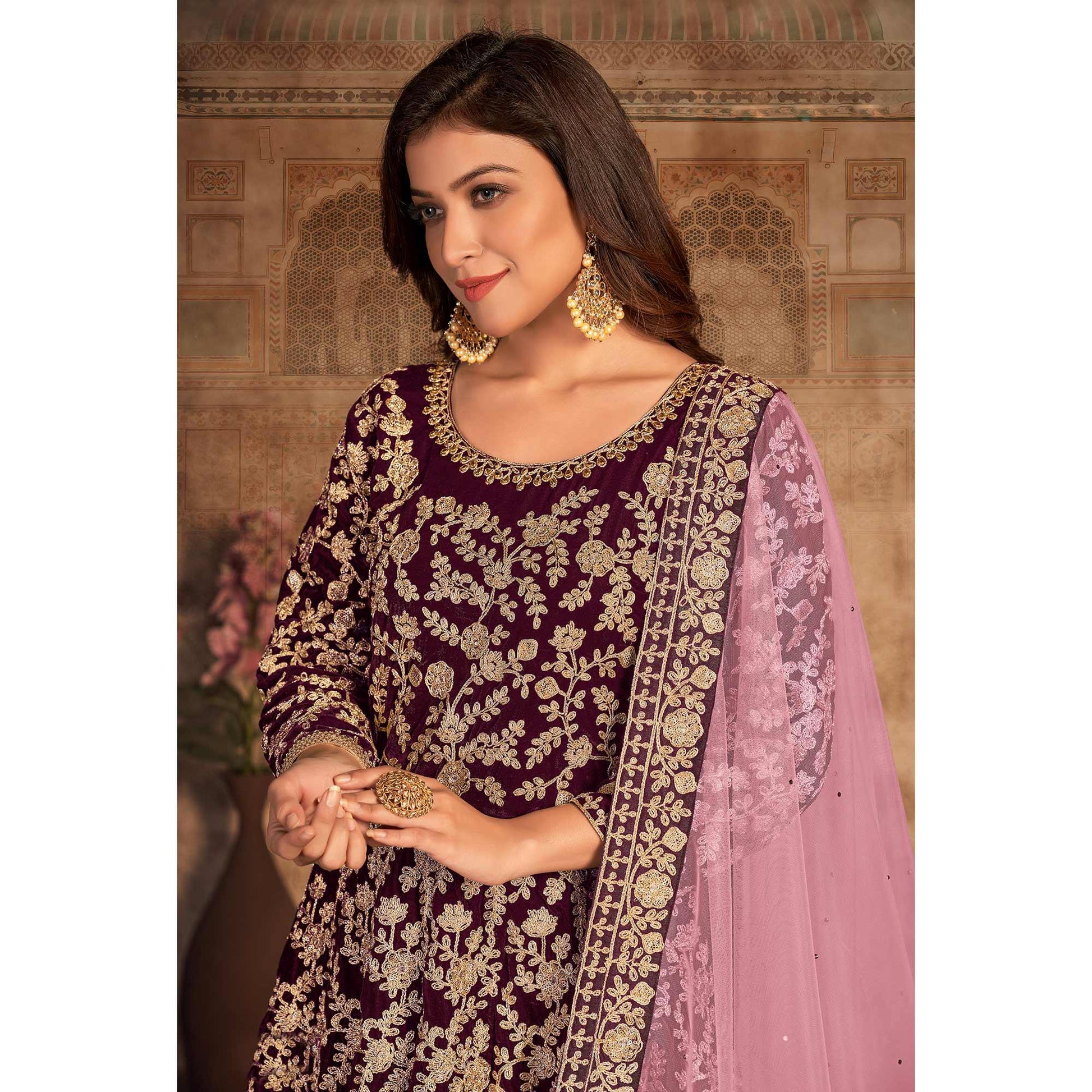 Maroon Floral Embroidered Velvet Partywear Gown