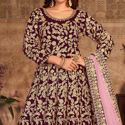 Maroon Floral Embroidered Velvet Partywear Gown
