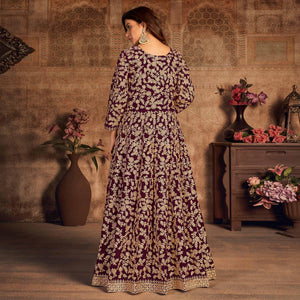 Maroon Floral Embroidered Velvet Partywear Gown
