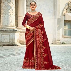Maroon Floral Embroidered Vichitra Silk Saree