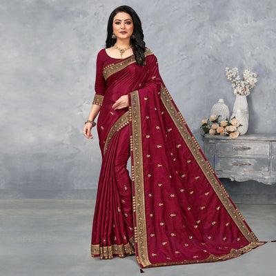 Maroon Floral Embroidered Vichitra Silk Saree