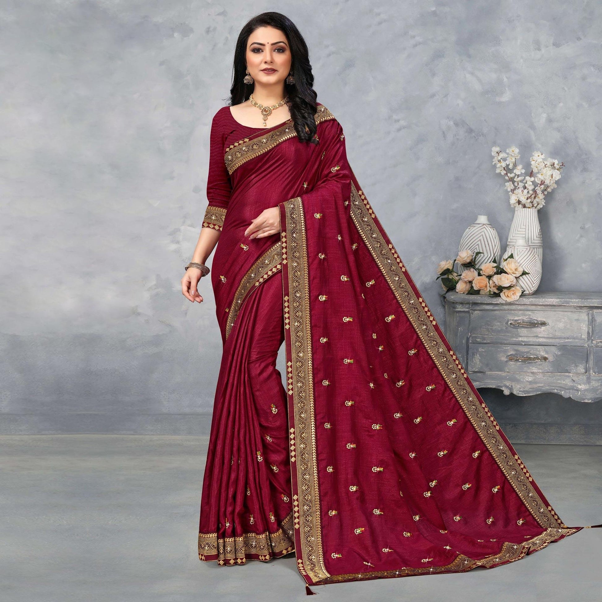 Maroon Floral Embroidered Vichitra Silk Saree