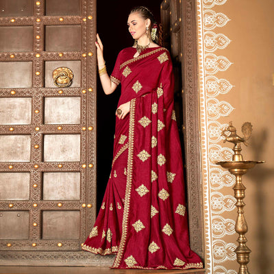Maroon Floral Embroidered Vichitra Silk Saree