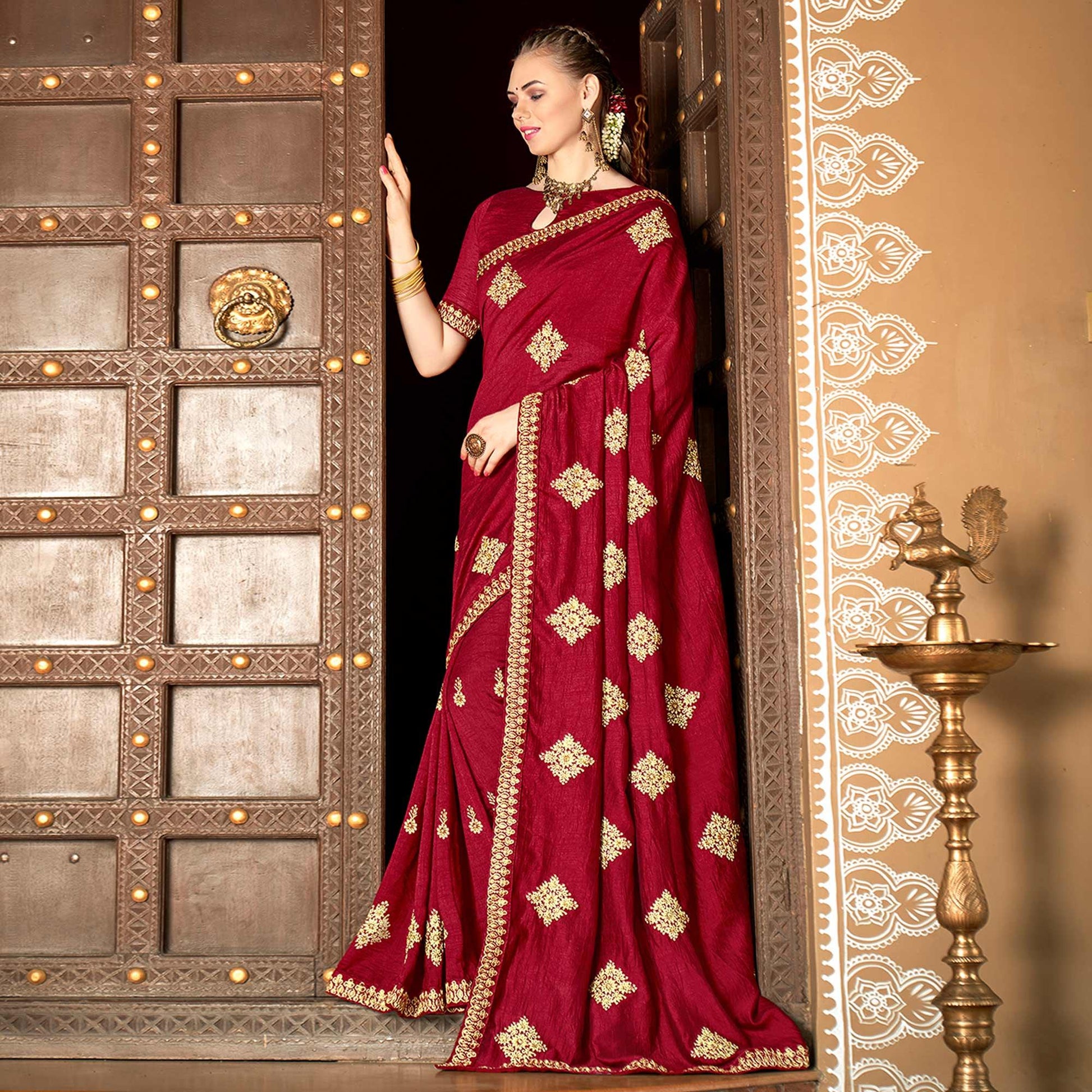 Maroon Floral Embroidered Vichitra Silk Saree