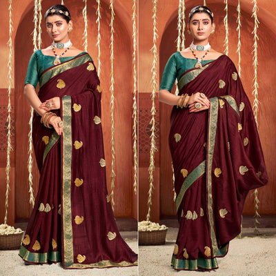 Maroon Floral Embroidered Vichitra Silk Saree