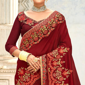 Maroon Floral Embroidered Vichitra Silk Saree