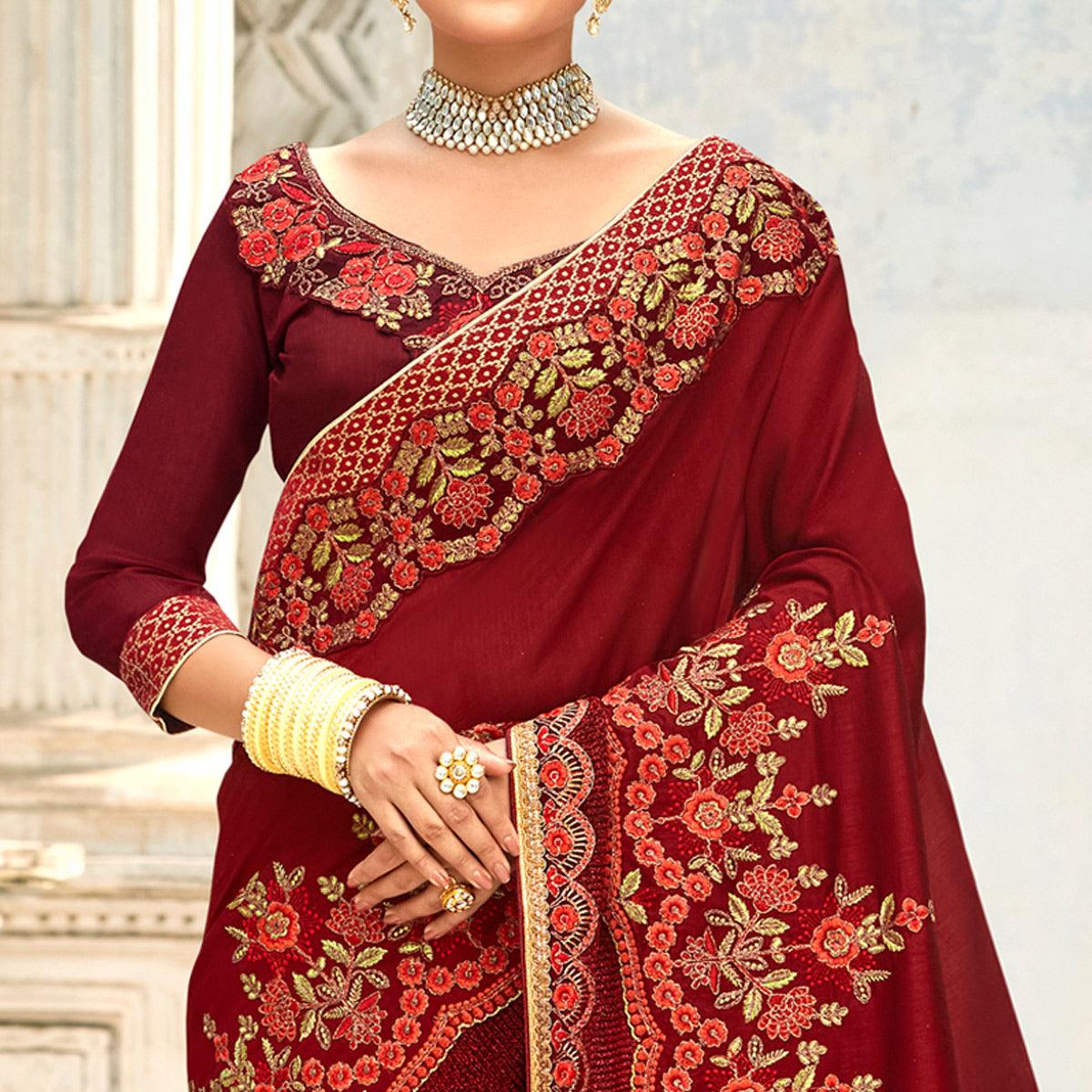 Maroon Floral Embroidered Vichitra Silk Saree