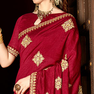 Maroon Floral Embroidered Vichitra Silk Saree