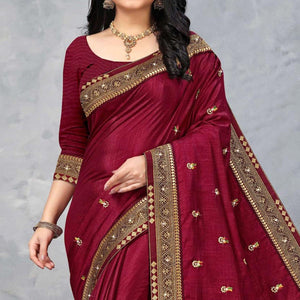 Maroon Floral Embroidered Vichitra Silk Saree