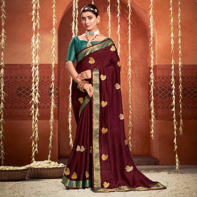 Maroon Floral Embroidered Vichitra Silk Saree