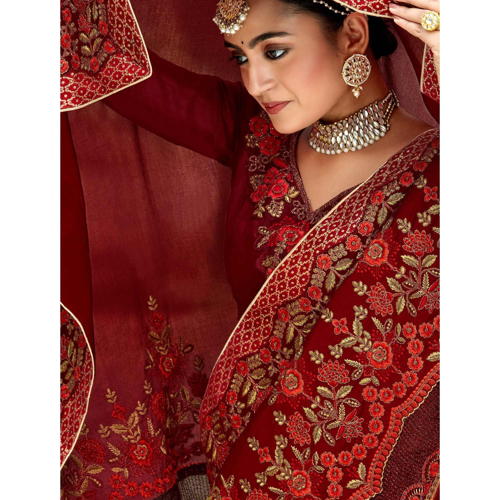 Maroon Floral Embroidered Vichitra Silk Saree