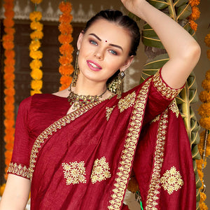 Maroon Floral Embroidered Vichitra Silk Saree