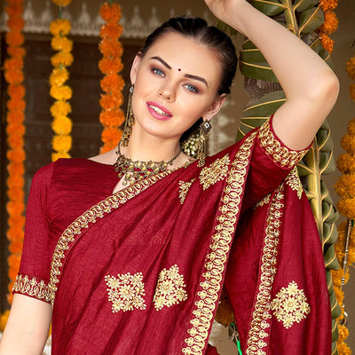 Maroon Floral Embroidered Vichitra Silk Saree